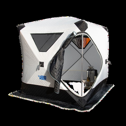 FinSteam Fritid white pop-up gas sauna tent, 2-4 person, set up in a garden