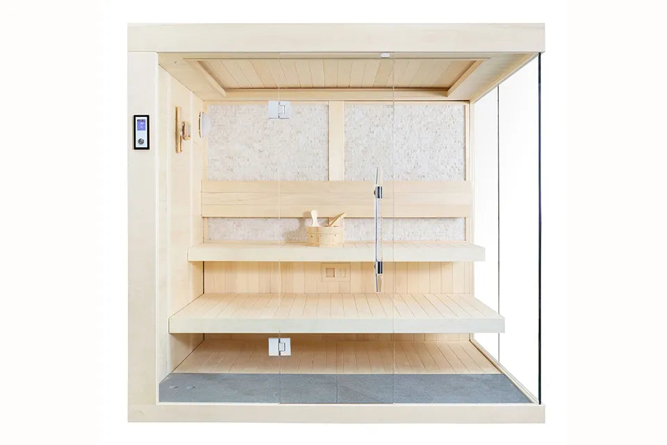 Indoor sauna cabin with a stone feature wall, shown complete