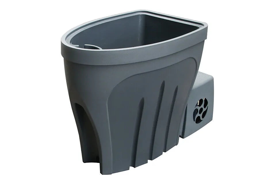 Compact upright ice bath with a ribbed grey shell and integrated step