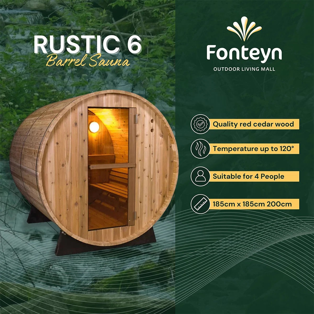 Rustic Barrel Sauna 6ft — 4 Person Outdoor Finnish | Steam & Oak