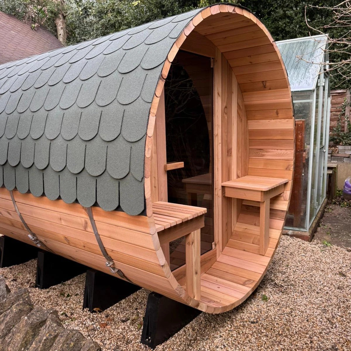 Rustic Barrel Sauna 7+1ft — 6 Person Outdoor Finnish | Steam & Oak