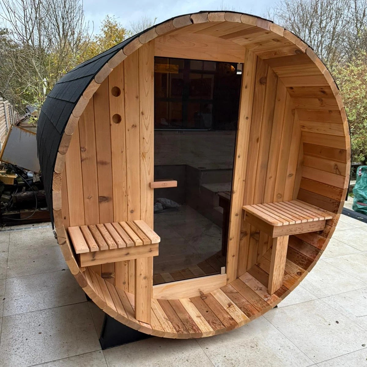 Rustic Barrel Sauna 7+1ft — 6 Person Outdoor Finnish | Steam & Oak