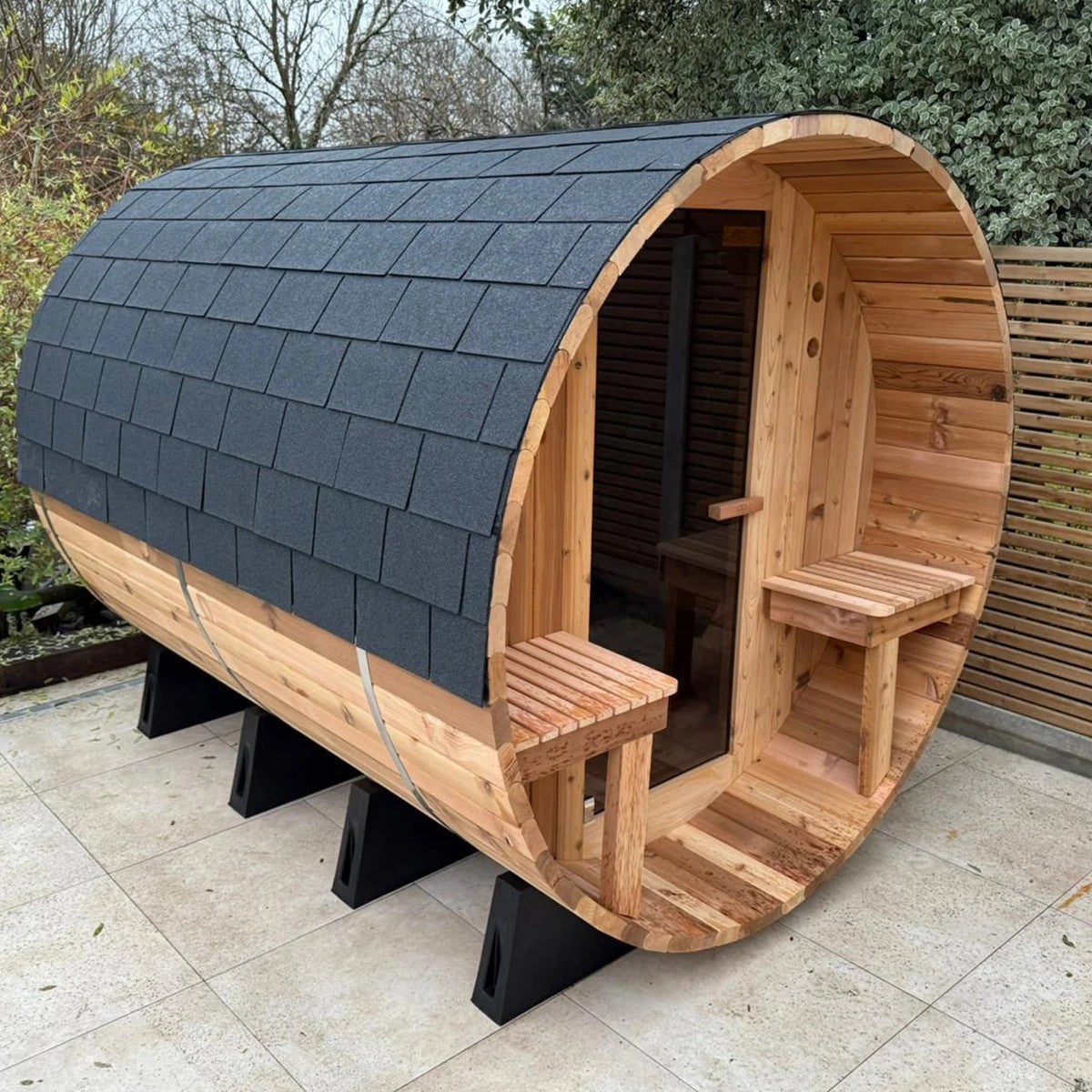 Rustic Barrel Sauna 7+1ft — 6 Person Outdoor Finnish | Steam & Oak