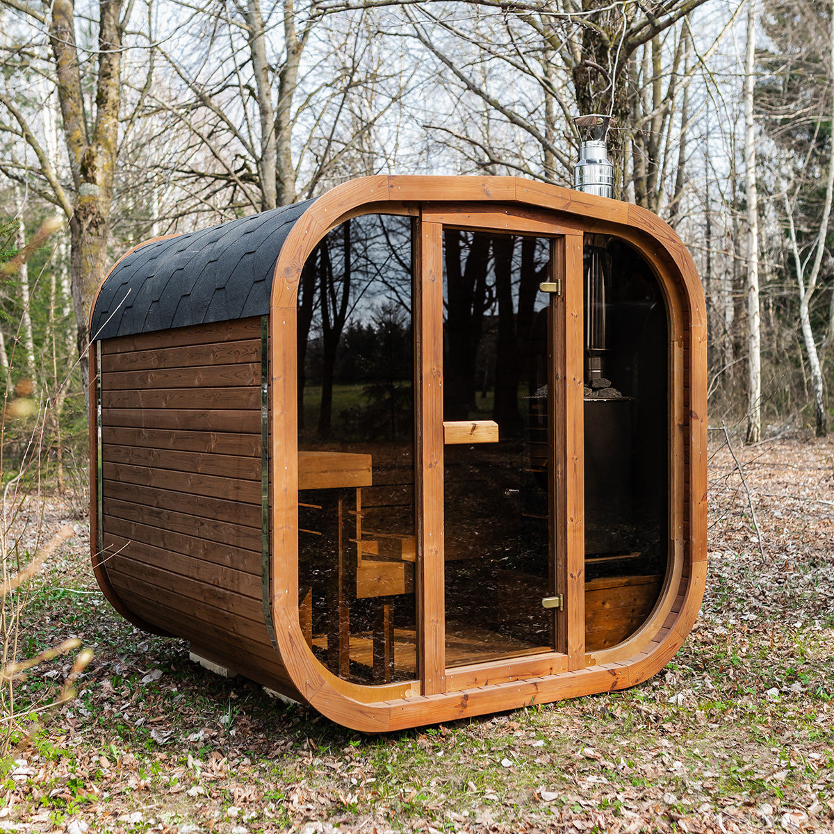 Ruutu 200 compact cube sauna front, shown with the optional panoramic front