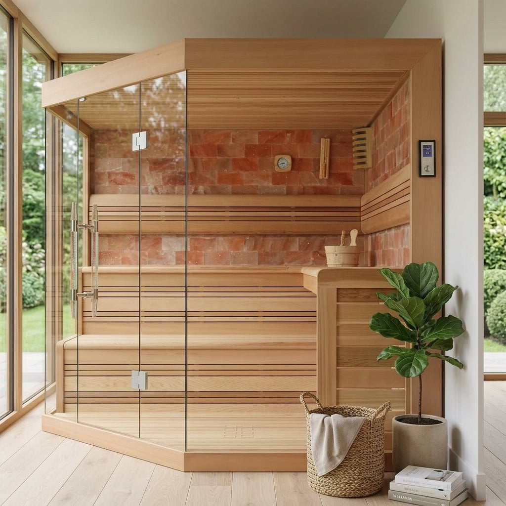 Salo Indoor Sauna indoor sauna in a bright Scandinavian garden room with floor-to-ceiling glazing