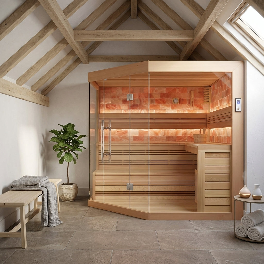 Salo Indoor Sauna indoor sauna in a converted loft wellness room with exposed timber beams