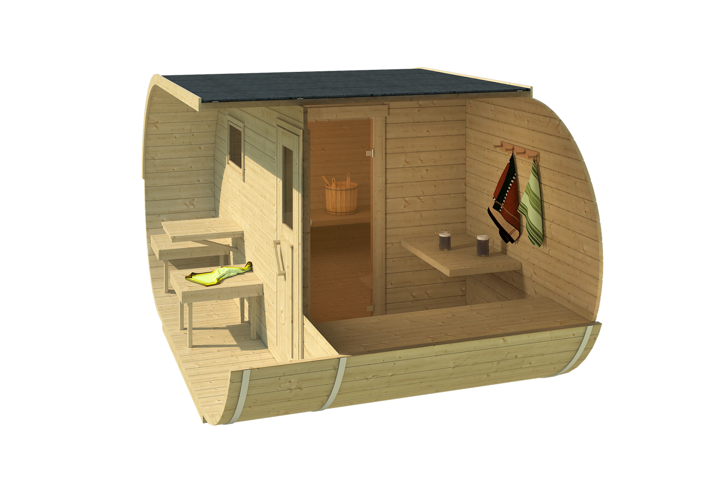 Oval 240 sauna cutaway showing the enclosed hot room, the sauna door and the covered terrace with bench seating