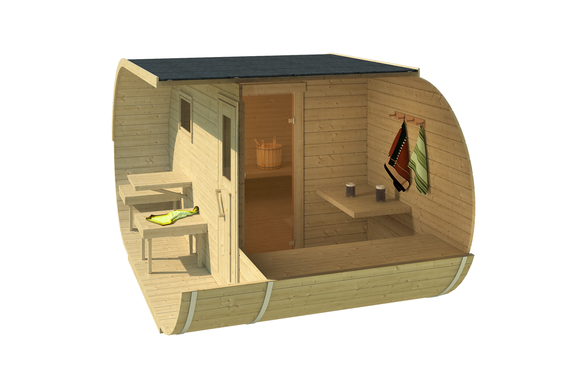 Oval 240 sauna cutaway showing the enclosed hot room, the sauna door and the covered terrace with bench seating