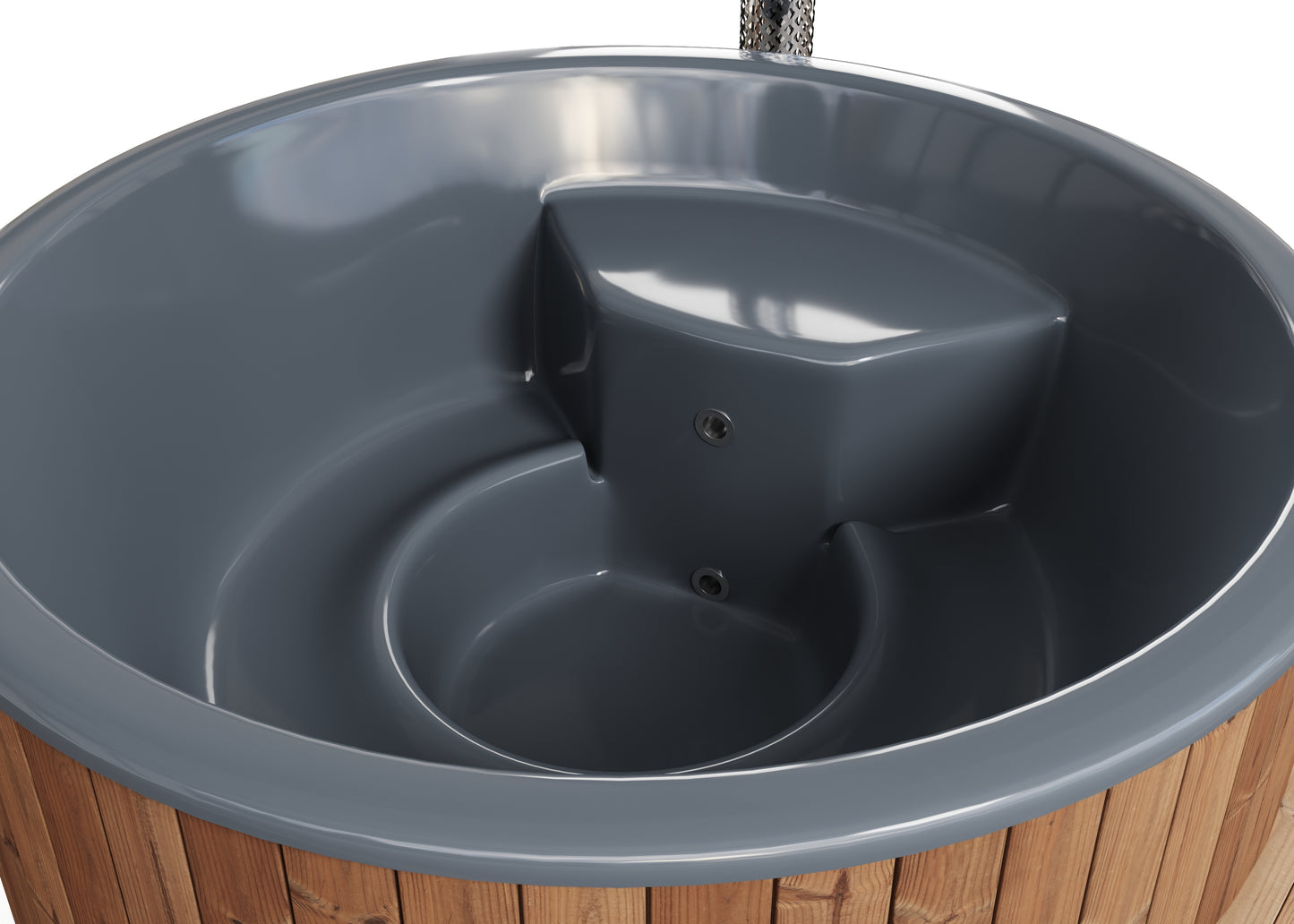 Hehku 1650 XL wood-fired hot tub interior showing seating
