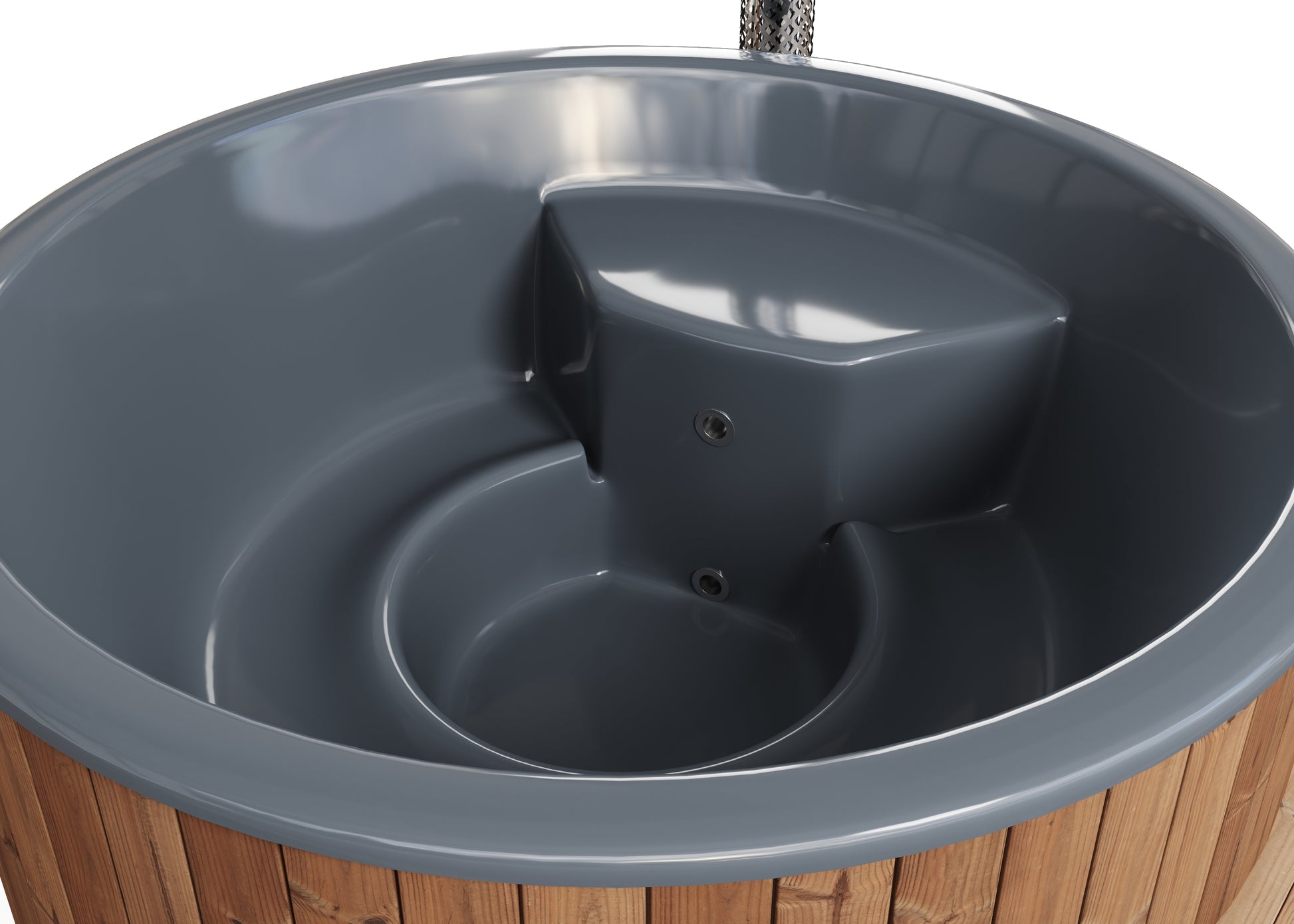 Hehku 1650 XL wood-fired hot tub interior showing seating