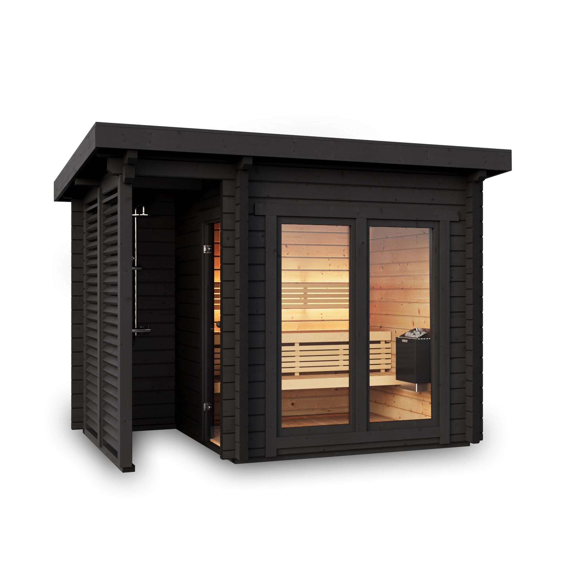 Steam & Oak Isle 300 black-stained log sauna with terrace and outdoor shower, view 2