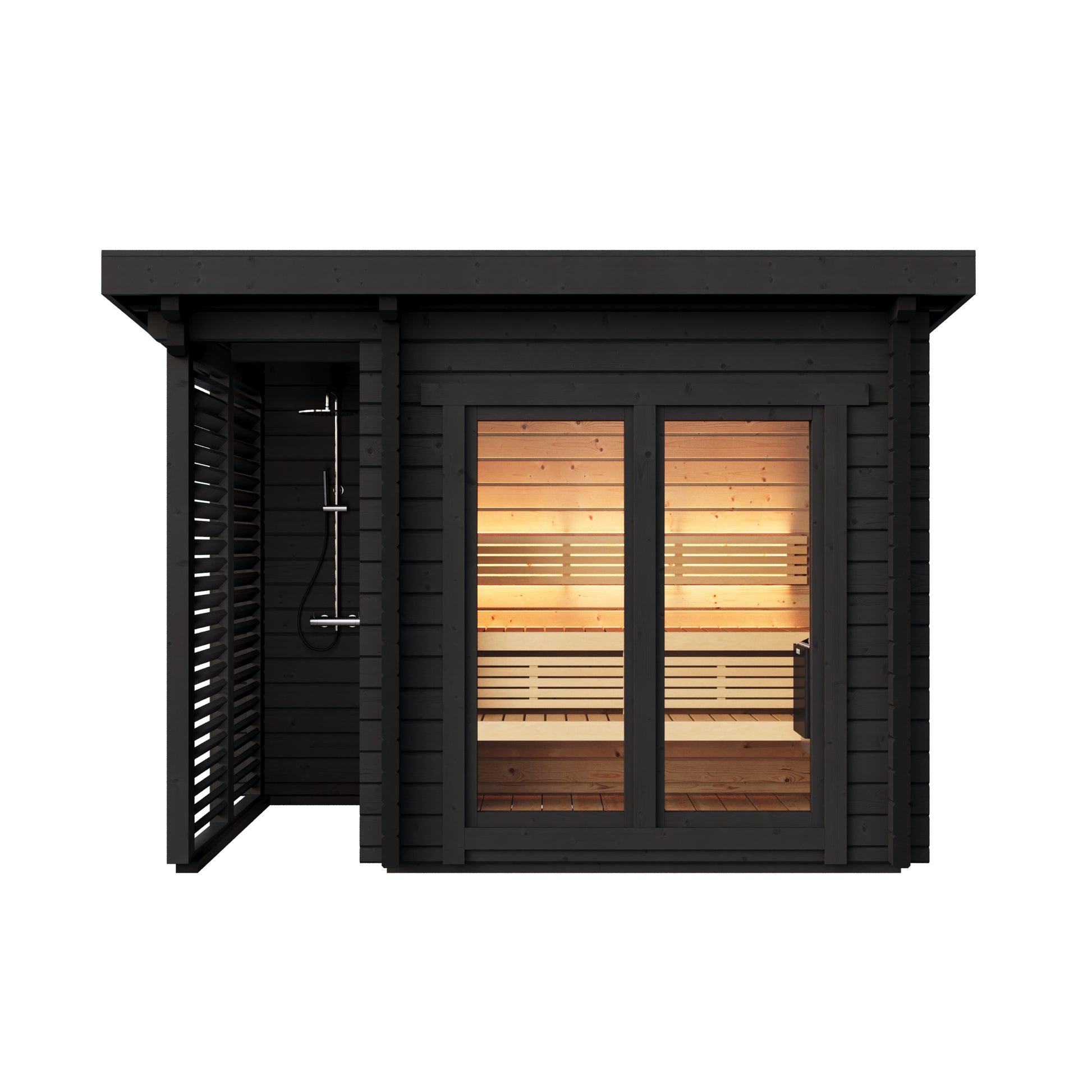 Steam & Oak Isle 300 black-stained log sauna with terrace and outdoor shower, view 3