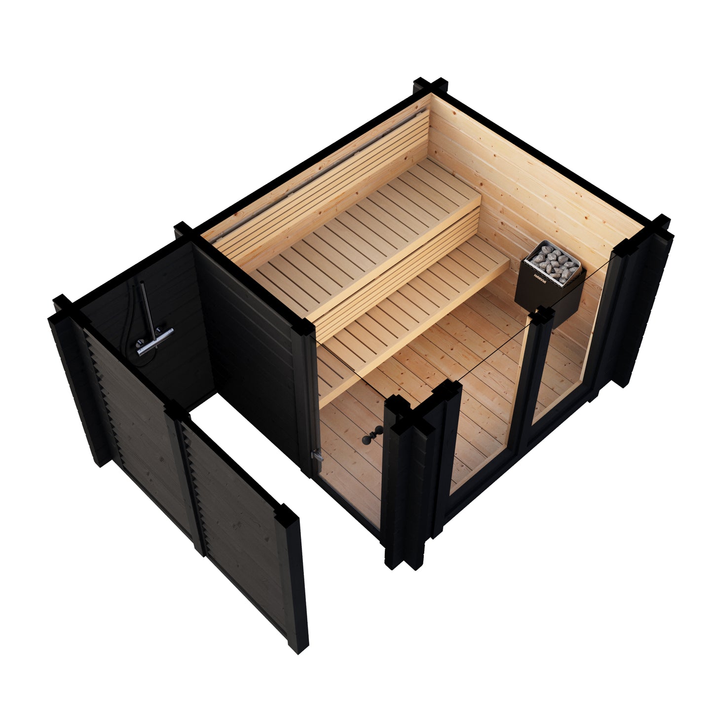 Steam & Oak Isle 300 black-stained log sauna with terrace and outdoor shower, view 7