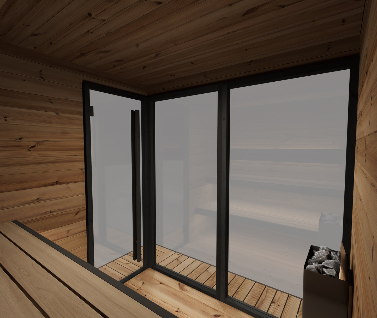 Steam & Oak Pärnu L outdoor sauna in thermowood with black-framed corner glass and insulated roof, view 1