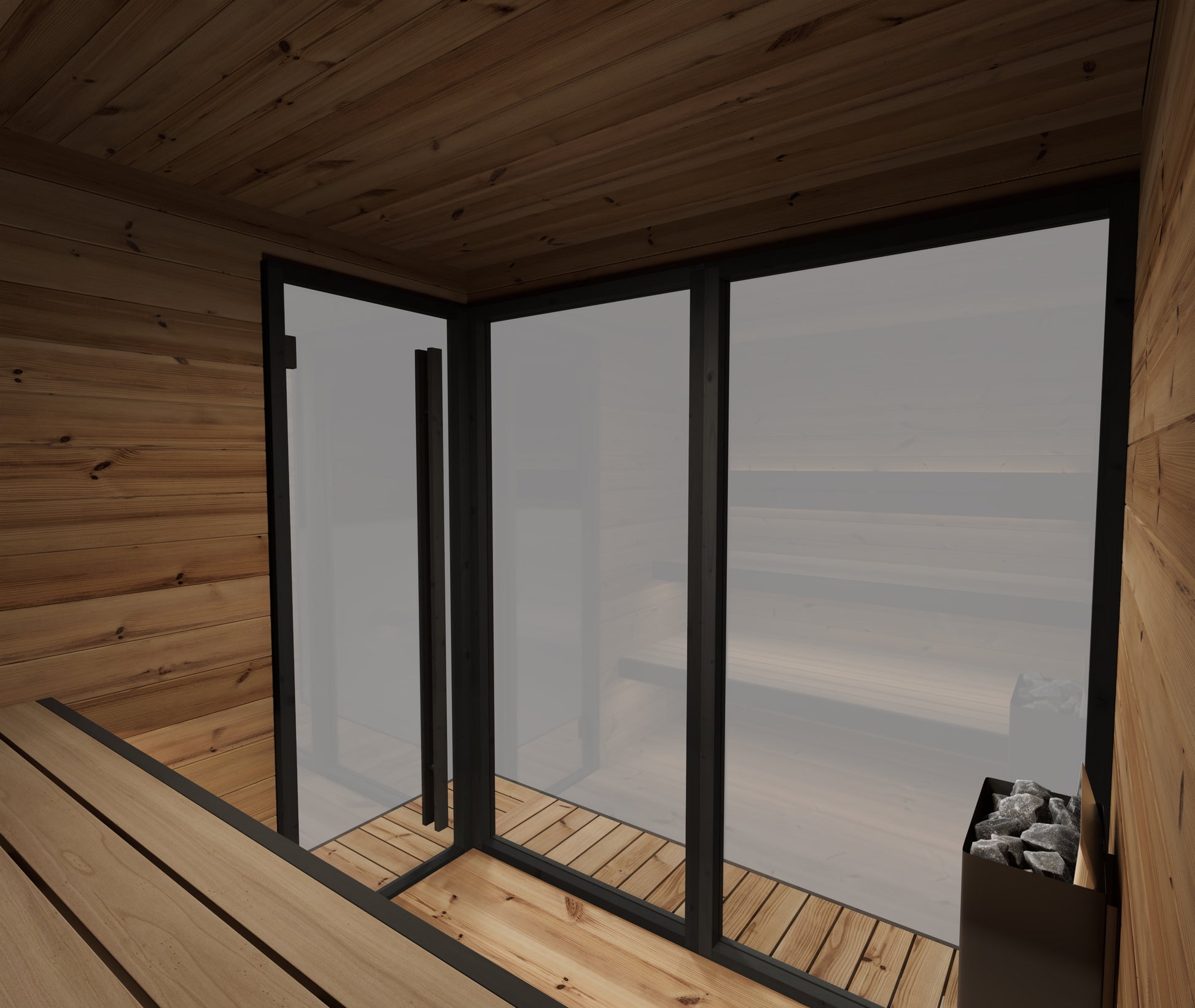 Steam & Oak Pärnu L outdoor sauna in thermowood with black-framed corner glass and insulated roof, view 1