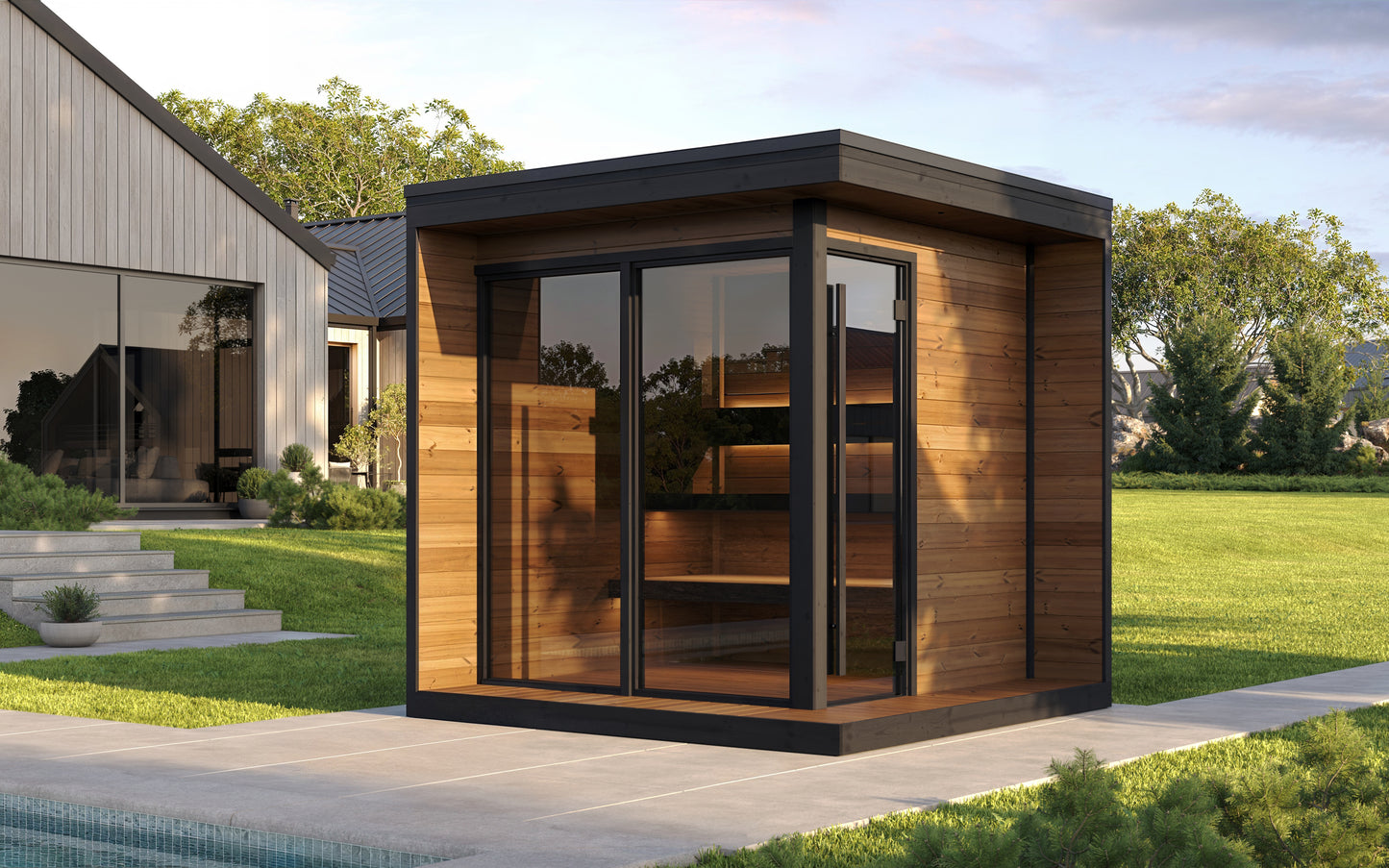 Steam & Oak Pärnu L outdoor sauna in thermowood with black-framed corner glass and insulated roof, view 10