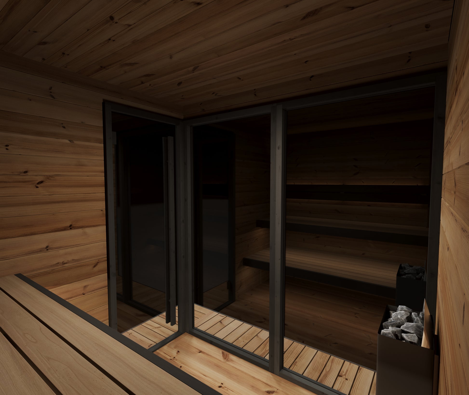 Steam & Oak Pärnu L outdoor sauna in thermowood with black-framed corner glass and insulated roof, view 2