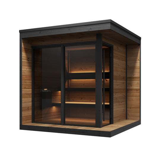 Steam & Oak Pärnu L outdoor sauna in thermowood with black-framed corner glass and insulated roof, view 3