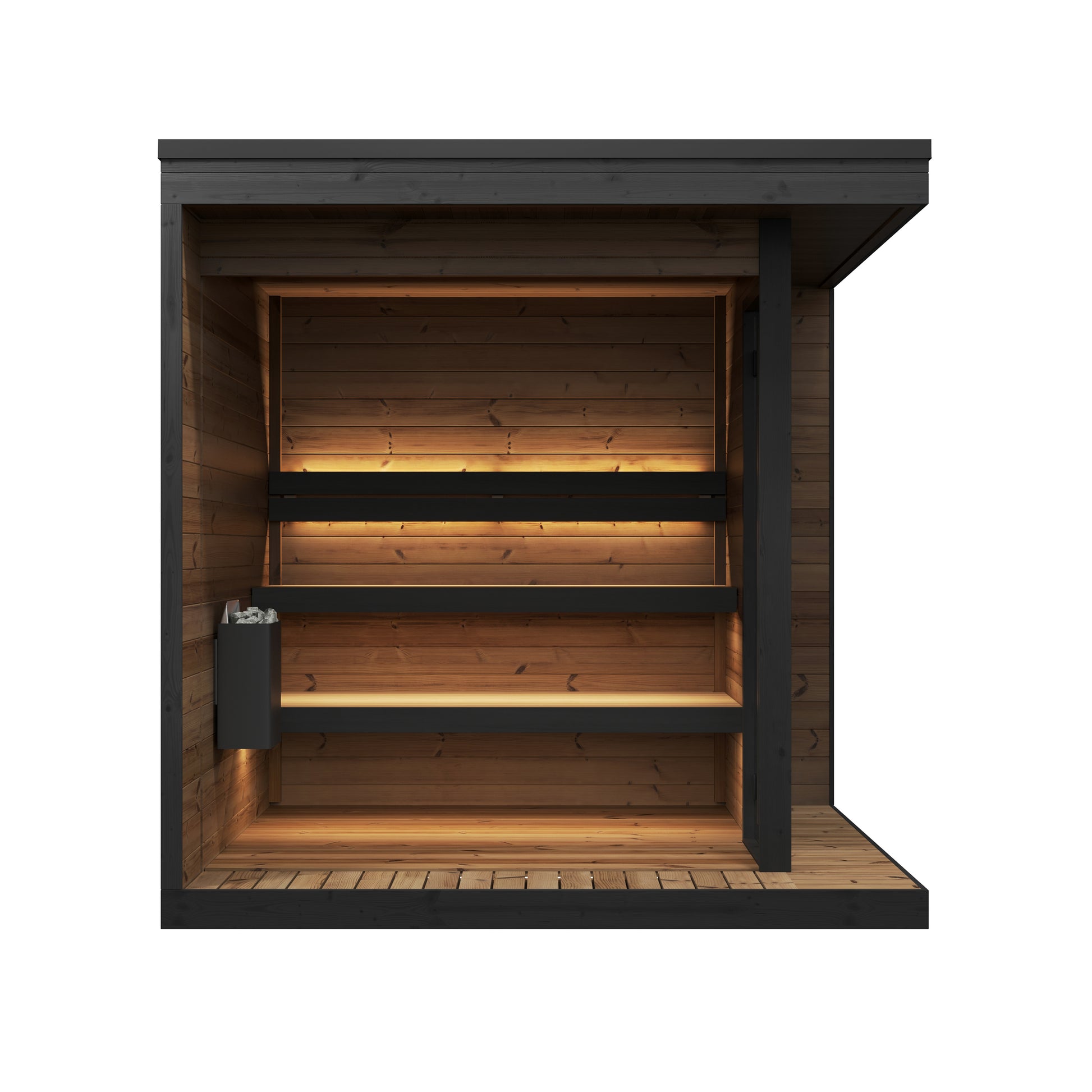 Steam & Oak Pärnu L outdoor sauna in thermowood with black-framed corner glass and insulated roof, view 4