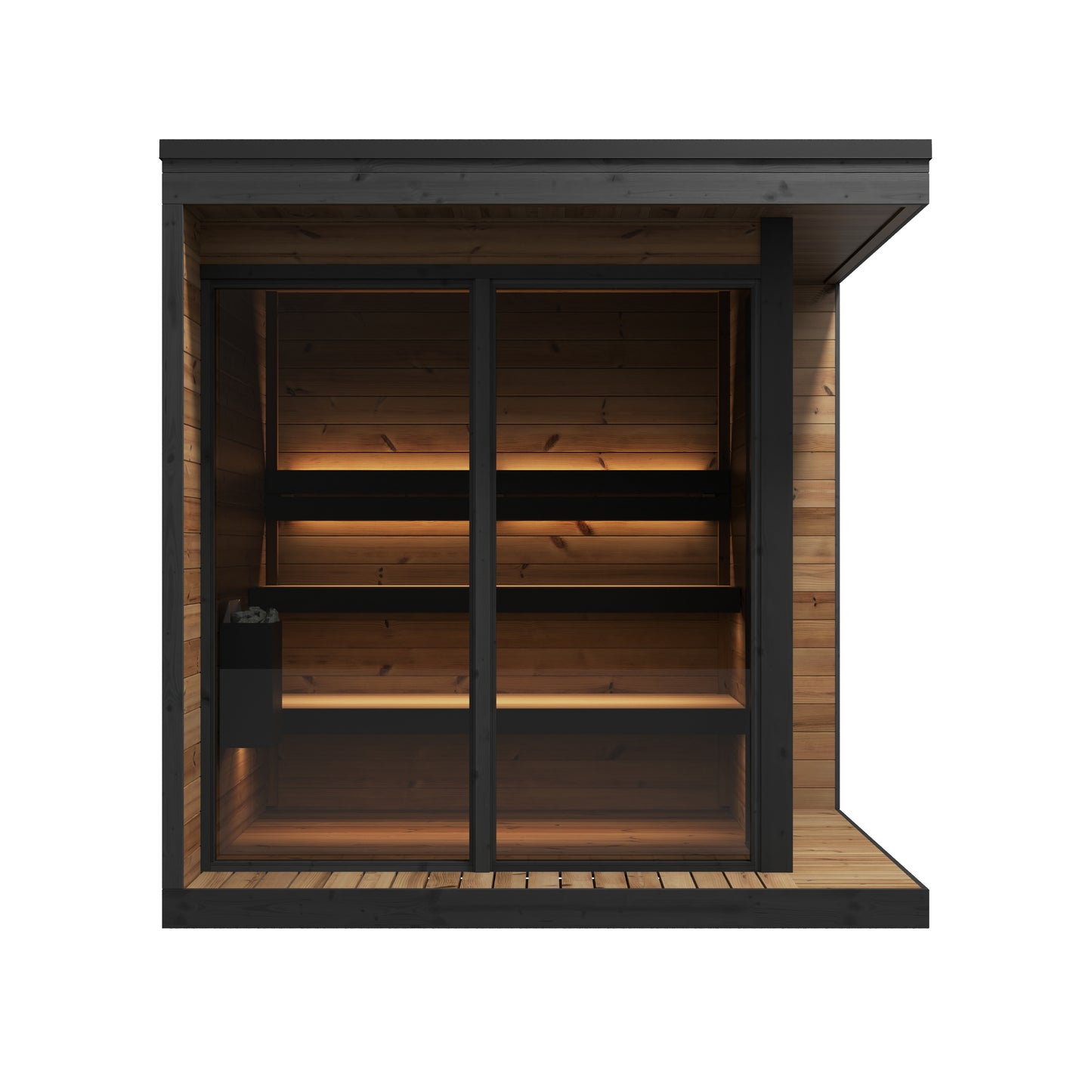 Steam & Oak Pärnu L outdoor sauna in thermowood with black-framed corner glass and insulated roof, view 5