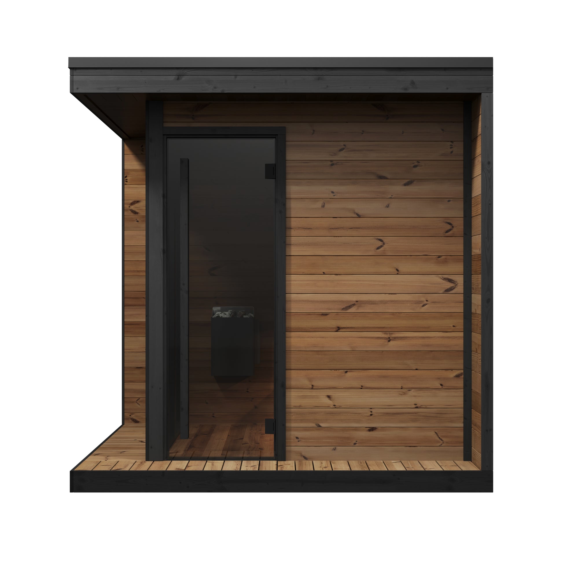 Steam & Oak Pärnu L outdoor sauna in thermowood with black-framed corner glass and insulated roof, view 6