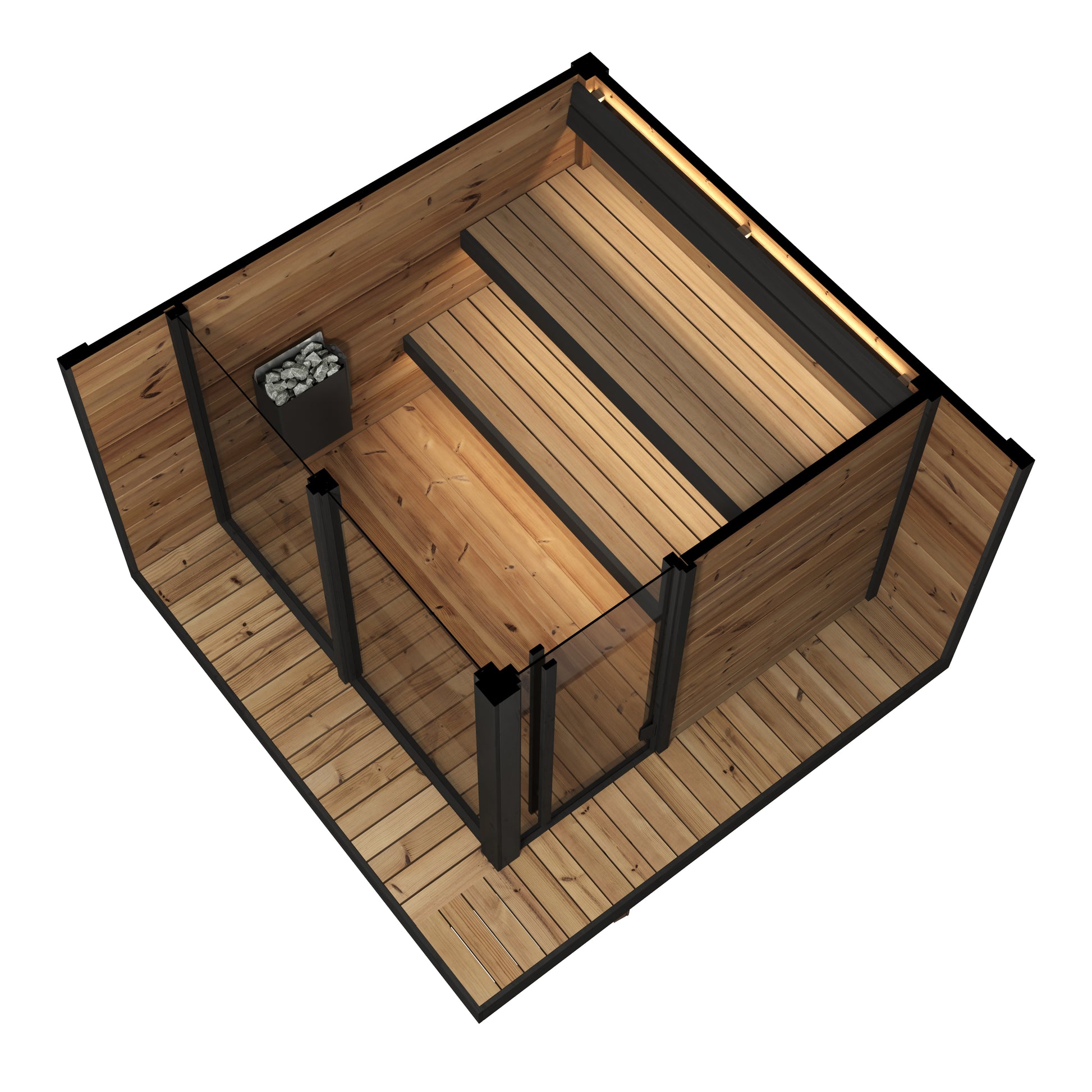 Steam & Oak Pärnu L outdoor sauna in thermowood with black-framed corner glass and insulated roof, view 9