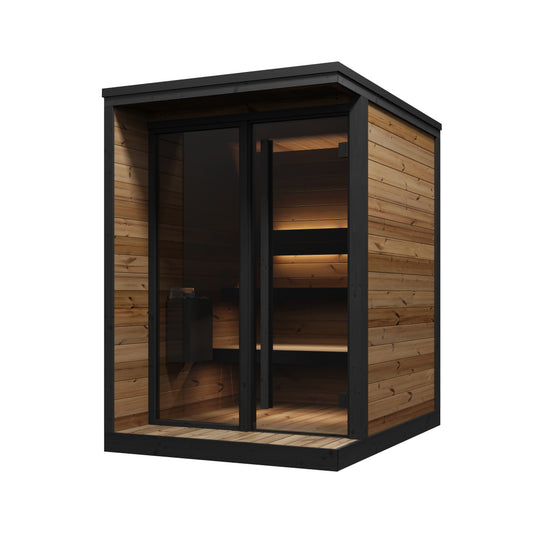 Steam & Oak Pärnu S outdoor sauna in thermowood with black-framed glass front and LED-lit benches, view 1