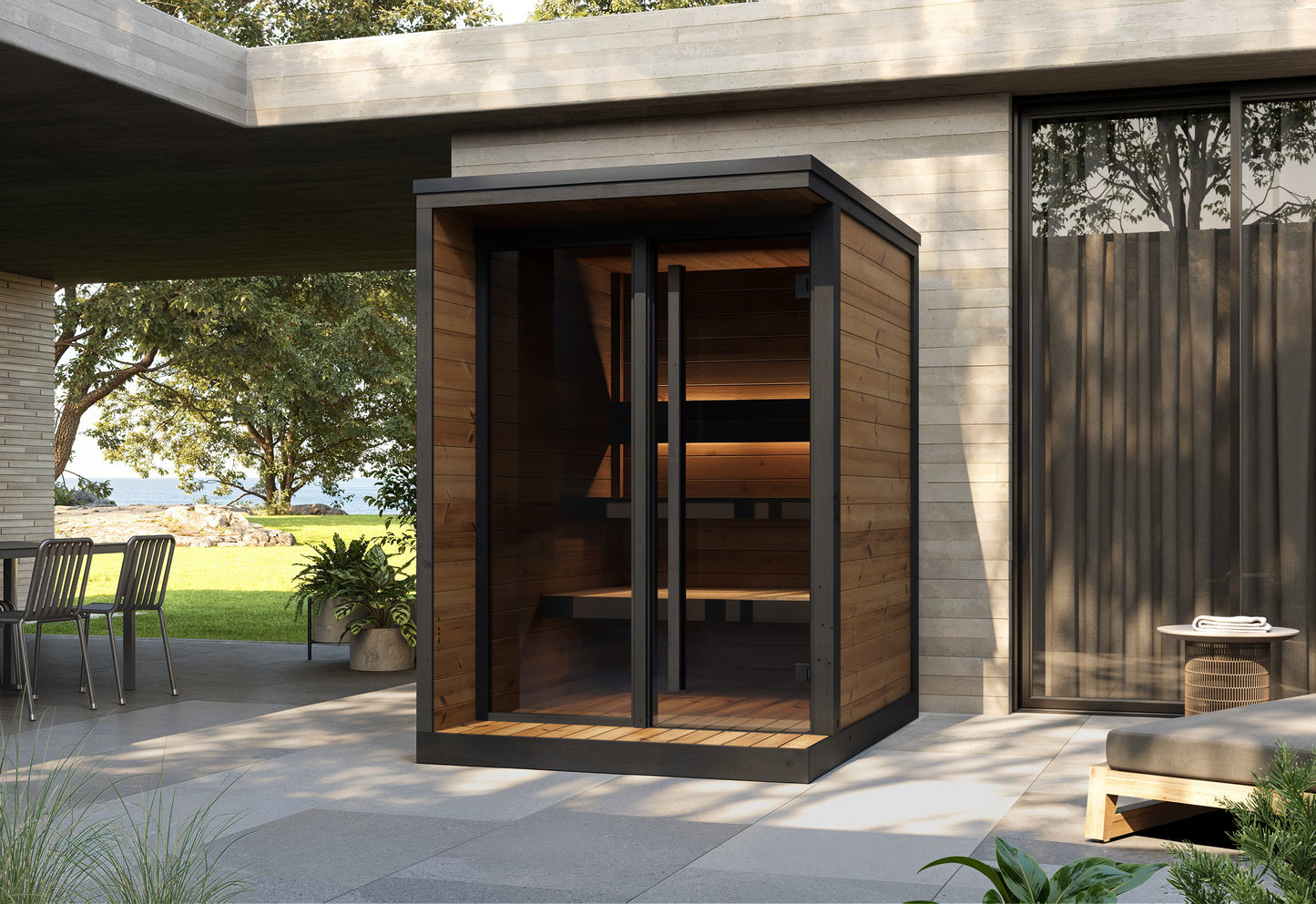 Steam & Oak Pärnu S outdoor sauna in thermowood with black-framed glass front and LED-lit benches, view 10