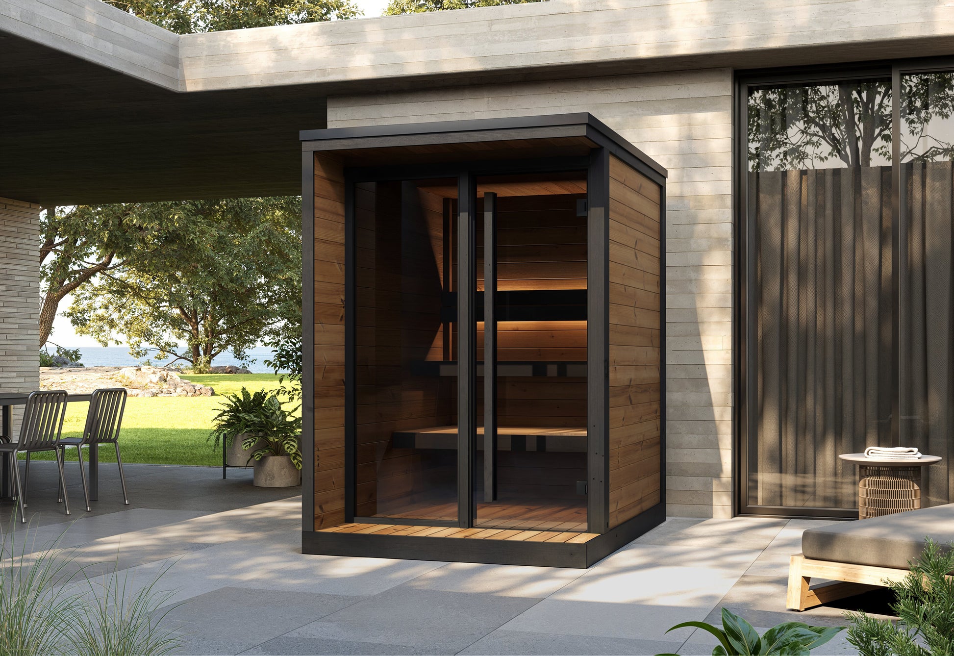 Steam & Oak Pärnu S outdoor sauna in thermowood with black-framed glass front and LED-lit benches, view 10