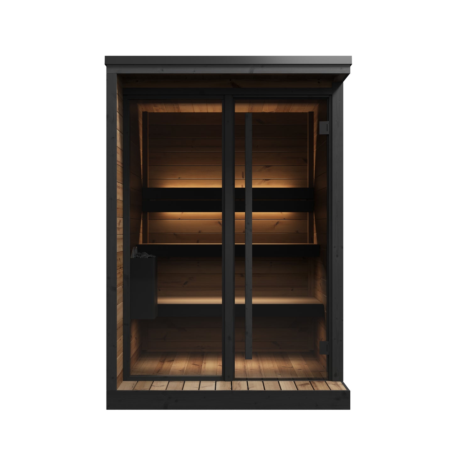 Steam & Oak Pärnu S outdoor sauna in thermowood with black-framed glass front and LED-lit benches, view 2