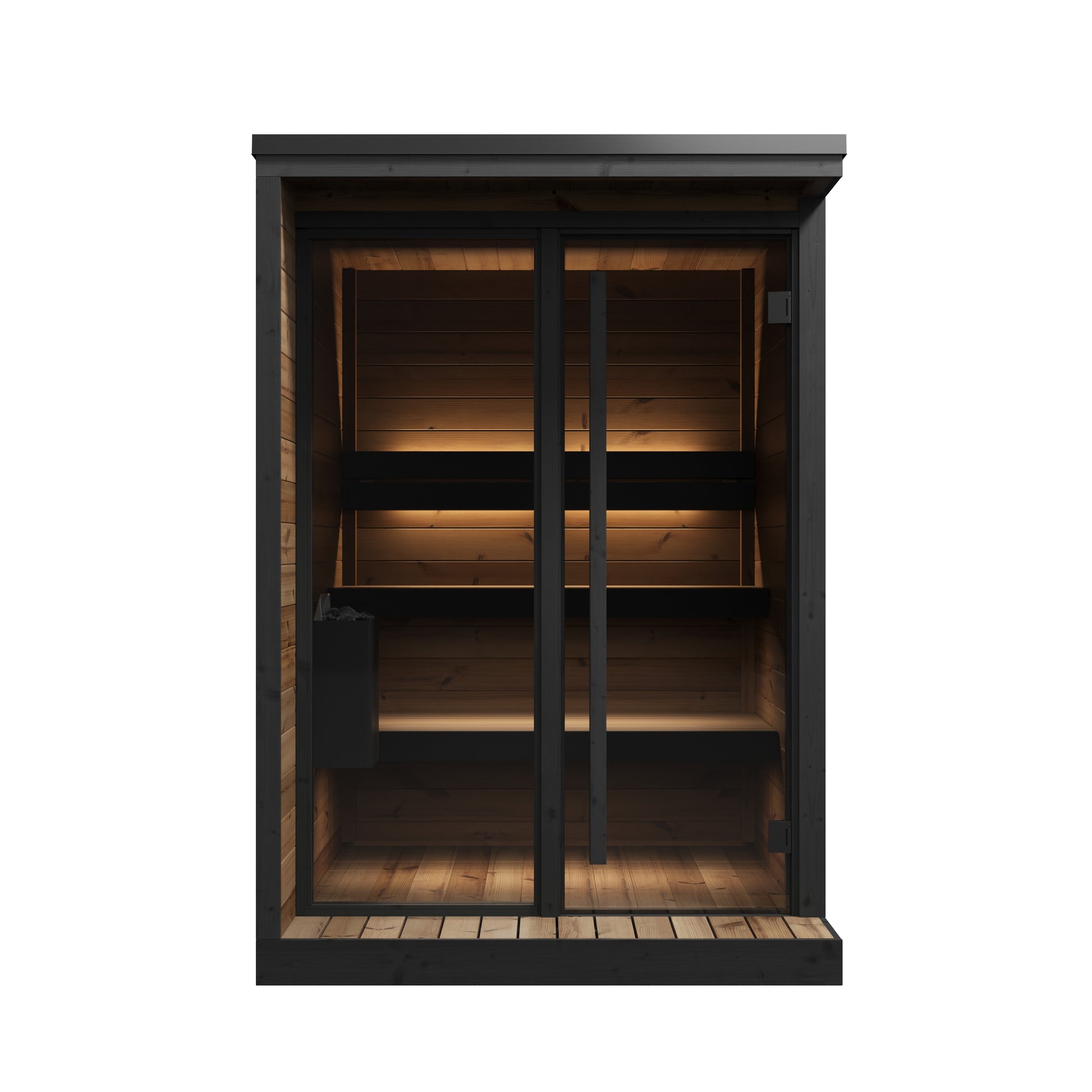 Steam & Oak Pärnu S outdoor sauna in thermowood with black-framed glass front and LED-lit benches, view 2