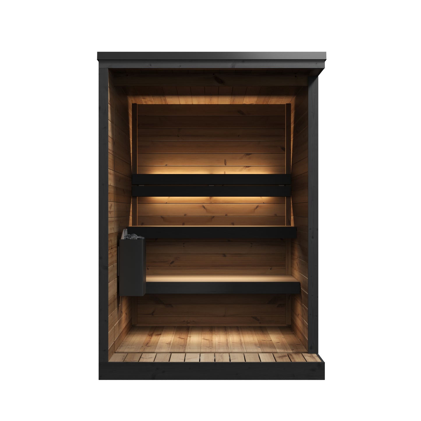 Steam & Oak Pärnu S outdoor sauna in thermowood with black-framed glass front and LED-lit benches, view 3