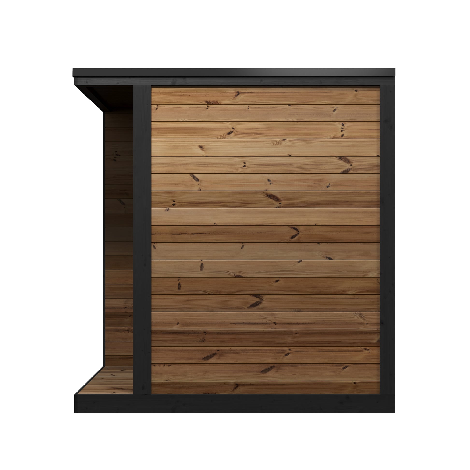 Steam & Oak Pärnu S outdoor sauna in thermowood with black-framed glass front and LED-lit benches, view 4