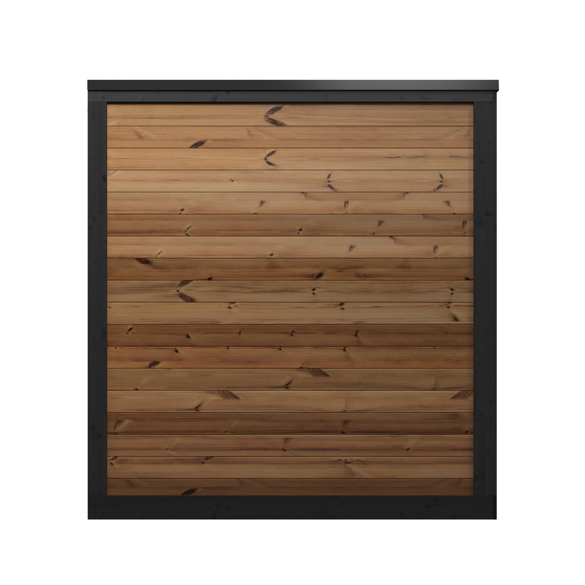 Steam & Oak Pärnu S outdoor sauna in thermowood with black-framed glass front and LED-lit benches, view 6