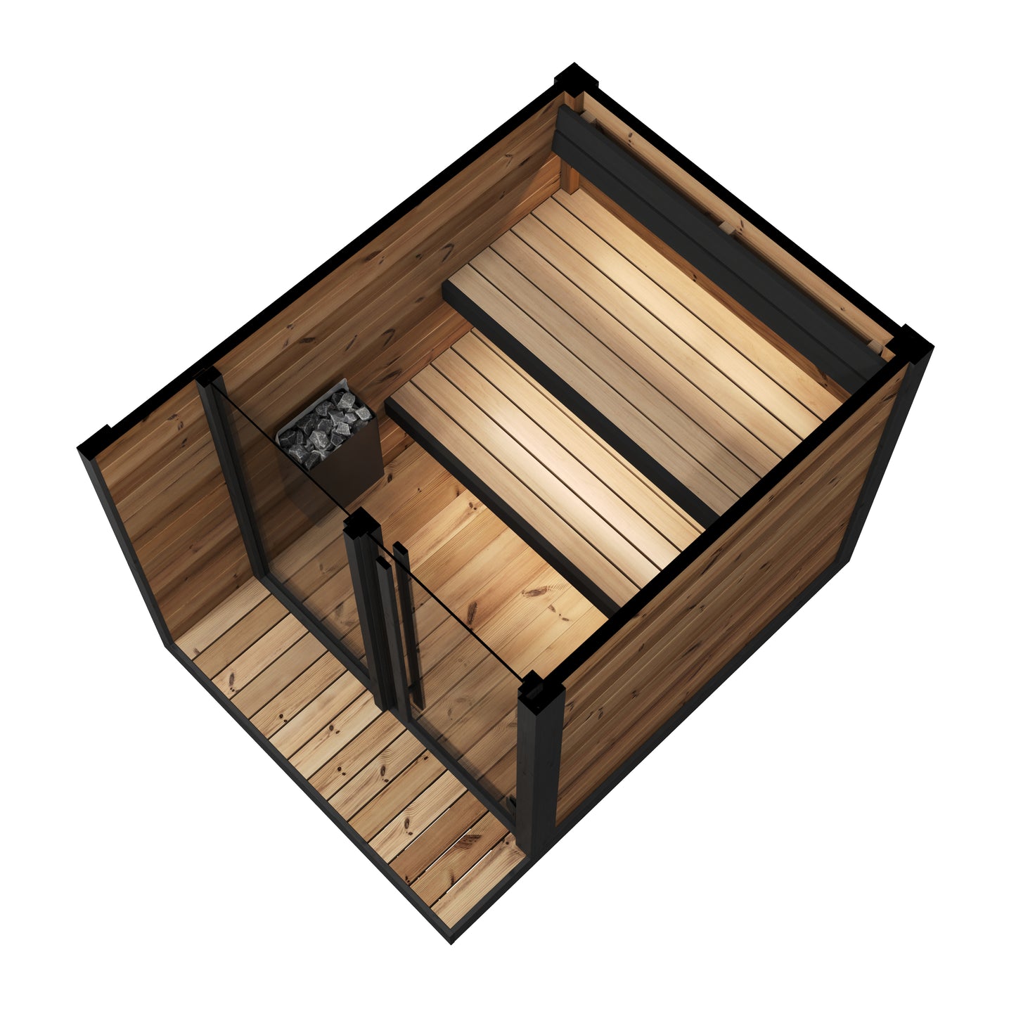Steam & Oak Pärnu S outdoor sauna in thermowood with black-framed glass front and LED-lit benches, view 7