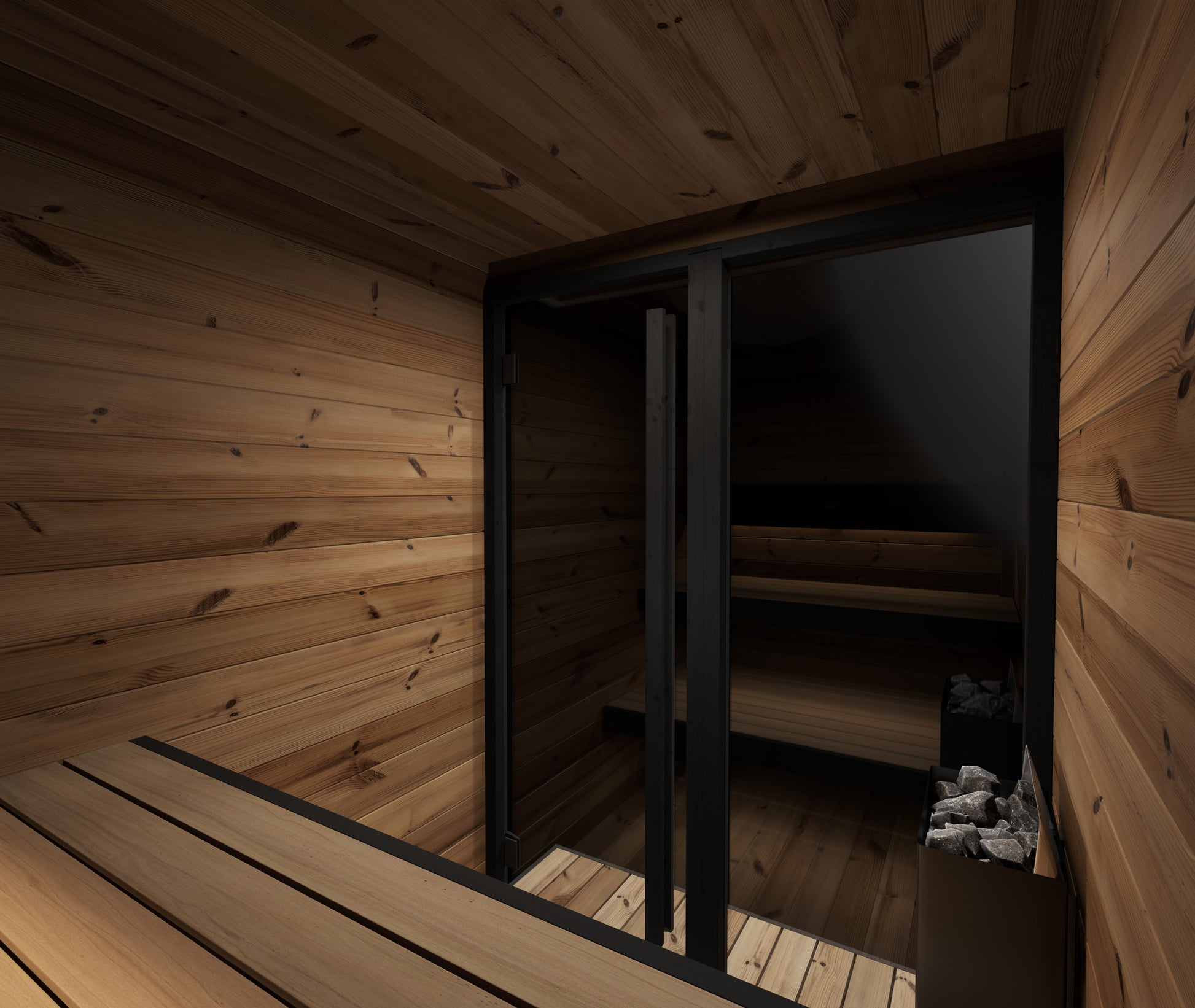 Steam & Oak Pärnu S outdoor sauna in thermowood with black-framed glass front and LED-lit benches, view 8