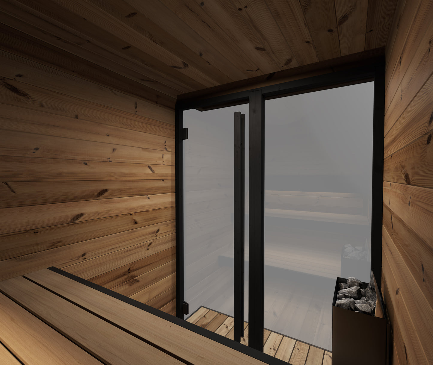 Steam & Oak Pärnu S outdoor sauna in thermowood with black-framed glass front and LED-lit benches, view 9