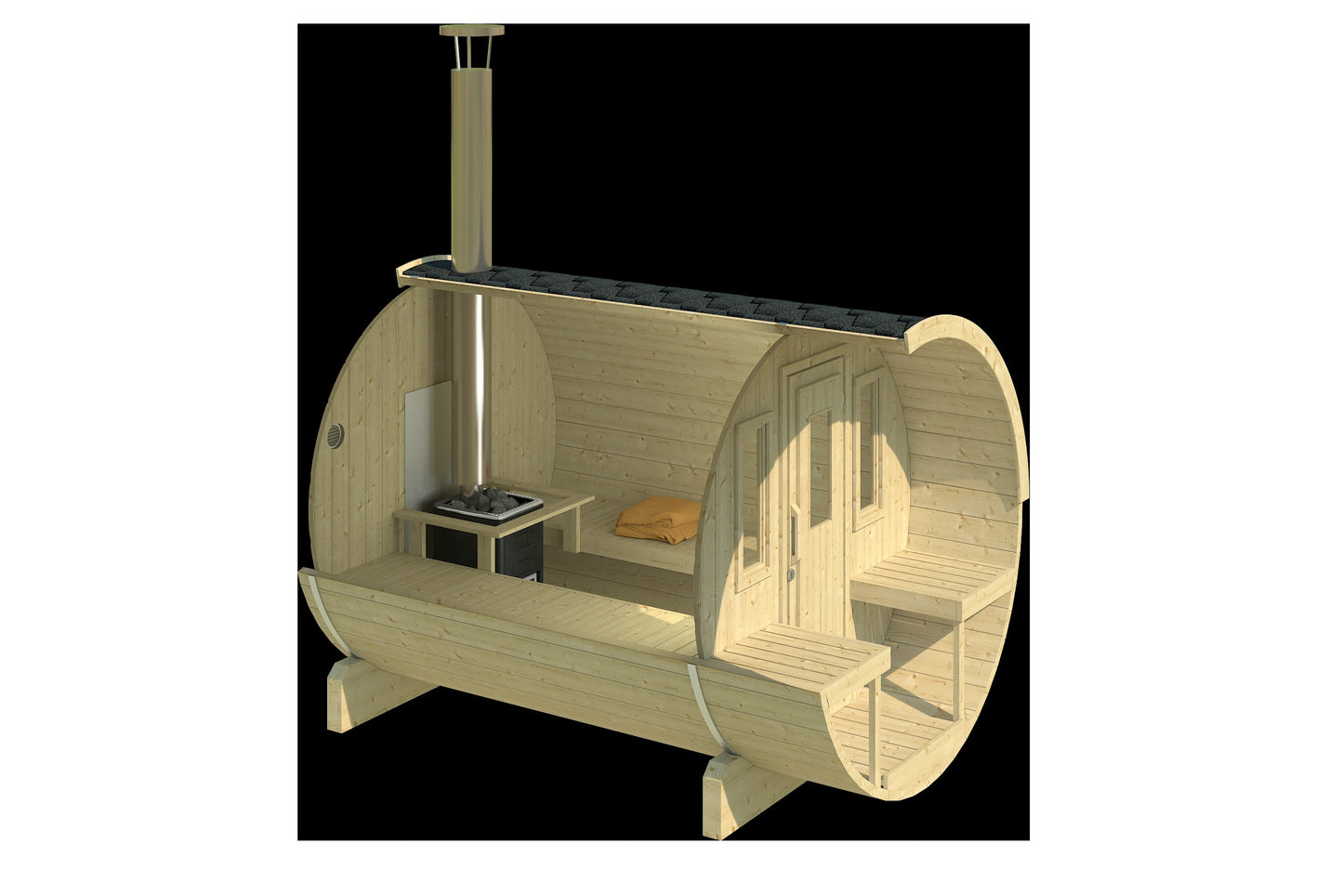 Saaren 250 cutaway in spruce showing wood-fired stove, benches and terrace