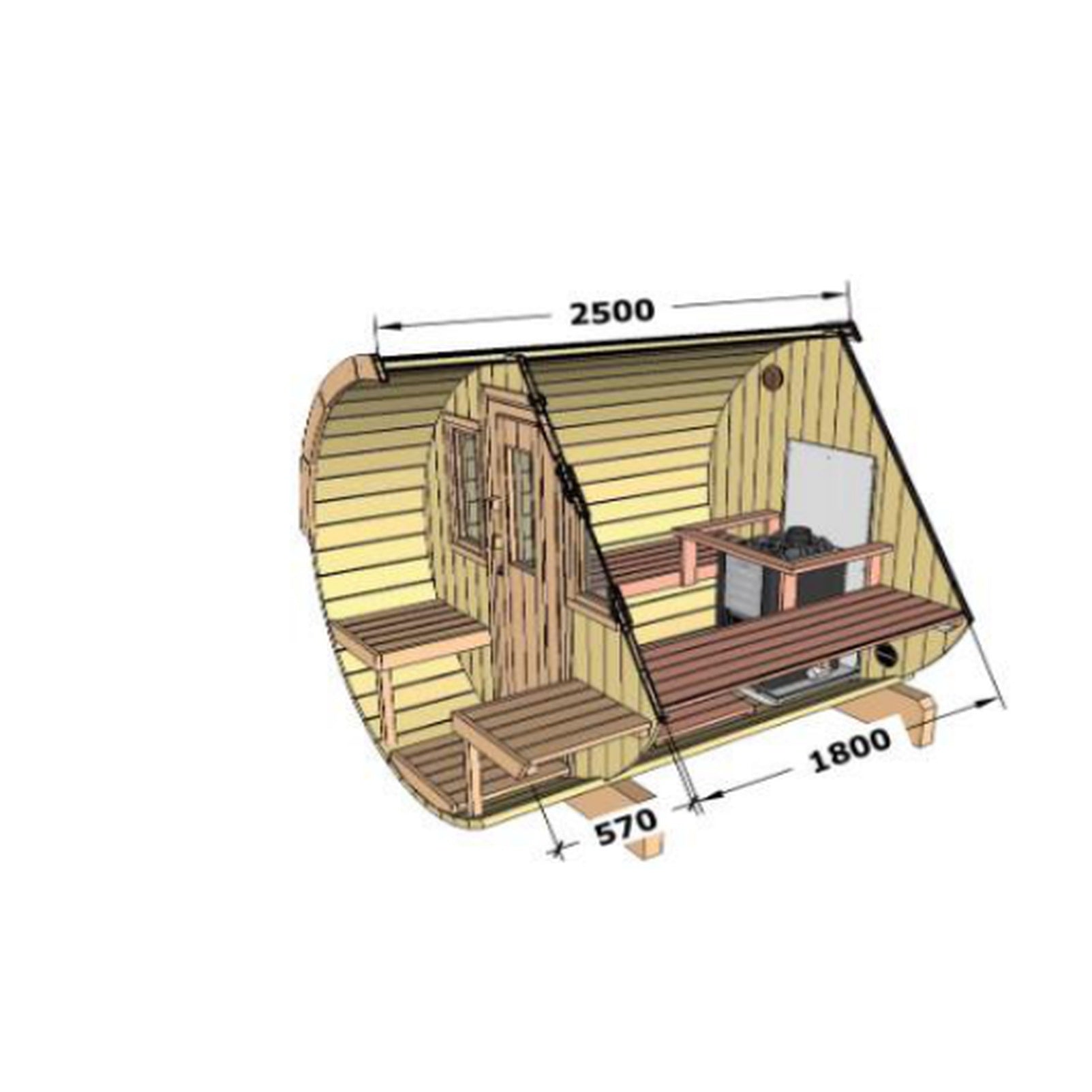 Saaren 250 dimensions: 2500 mm long, 2050 mm diameter, 1800 mm sauna room plus 570 mm terrace