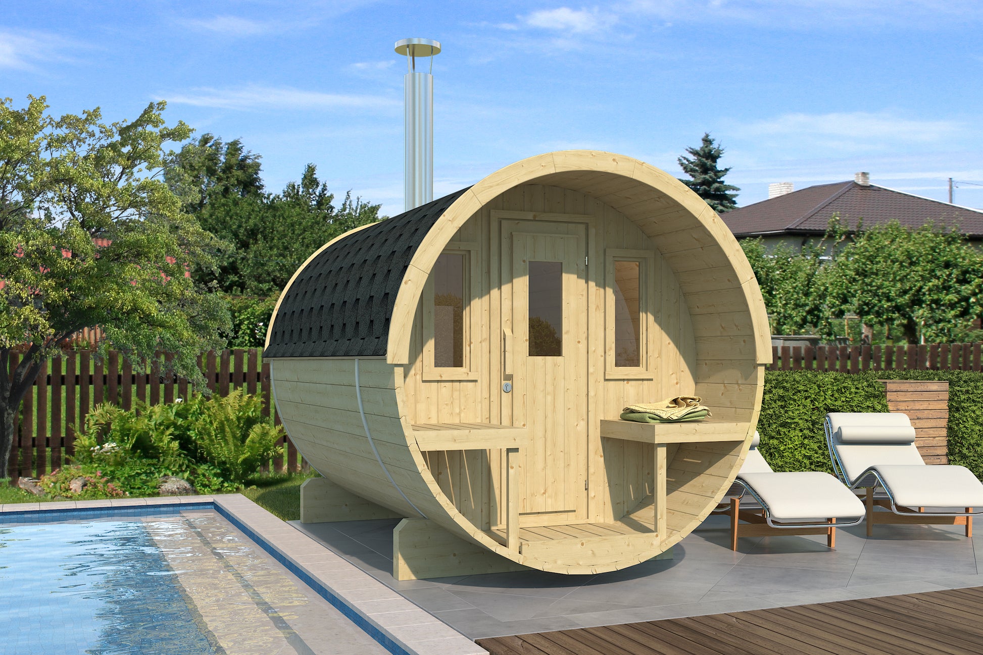 Steam & Oak Saaren 250 barrel sauna in Nordic spruce, poolside with covered terrace