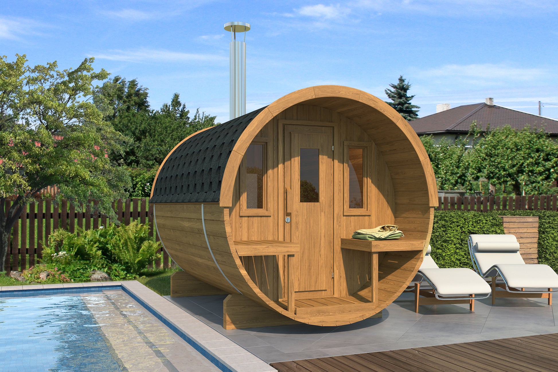 Steam & Oak Saaren 250 barrel sauna in thermowood, honey-brown finish with covered terrace