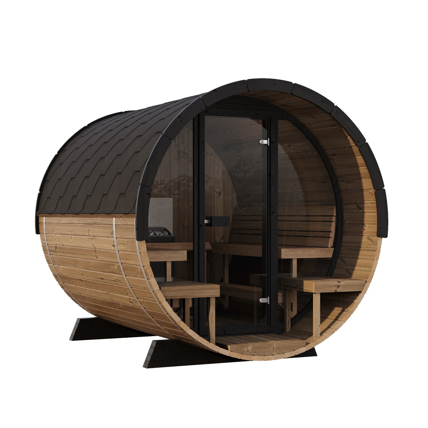 Saaren 280 Panorama barrel sauna angled view showing the covered terrace with benches