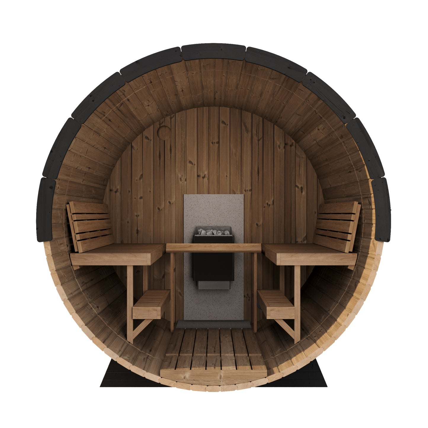 Interior of the Saaren 280 Panorama showing two-level thermo-aspen benches and wall-mounted heater