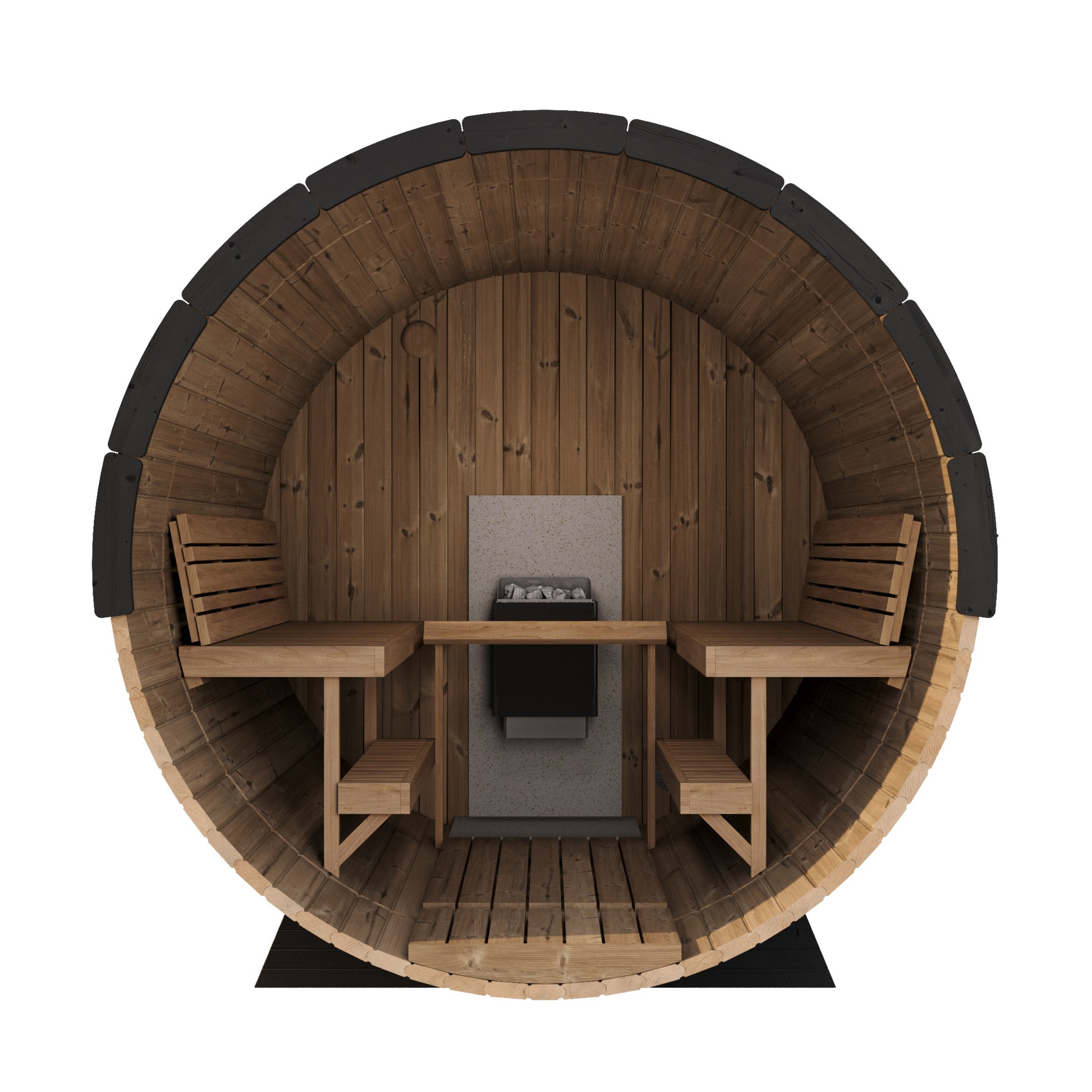 Interior of the Saaren 280 Panorama showing two-level thermo-aspen benches and wall-mounted heater