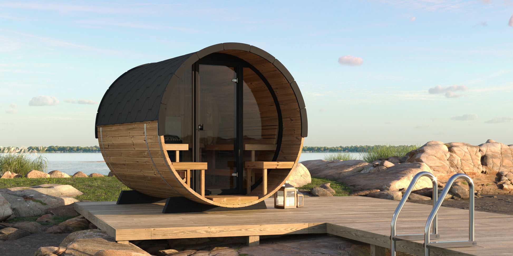 Steam & Oak Saaren 280 Panorama barrel sauna on a lakeside deck, thermowood with black shingle roof and full glass front