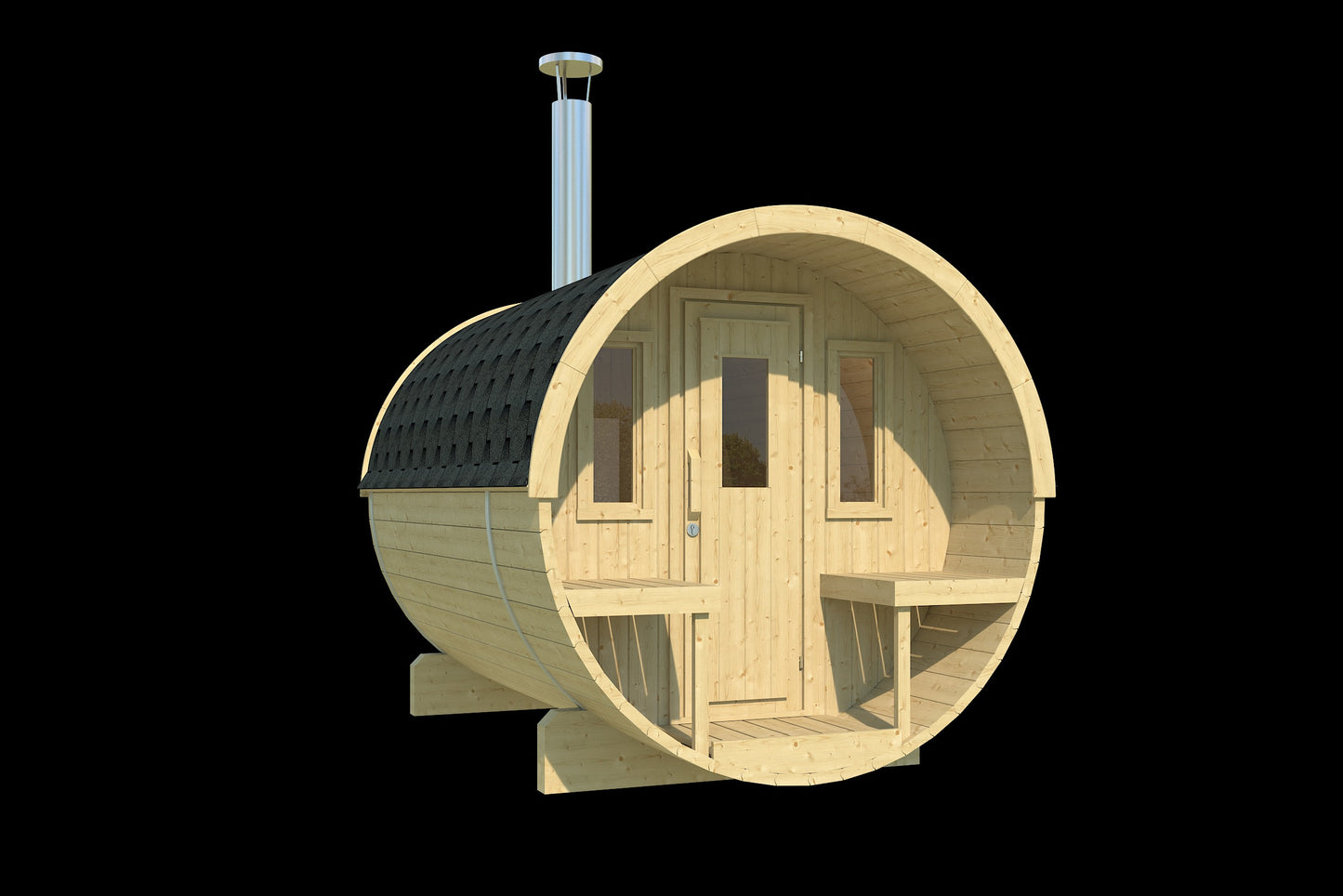 Saaren 280 barrel sauna in spruce, studio view showing terrace benches and glazed door