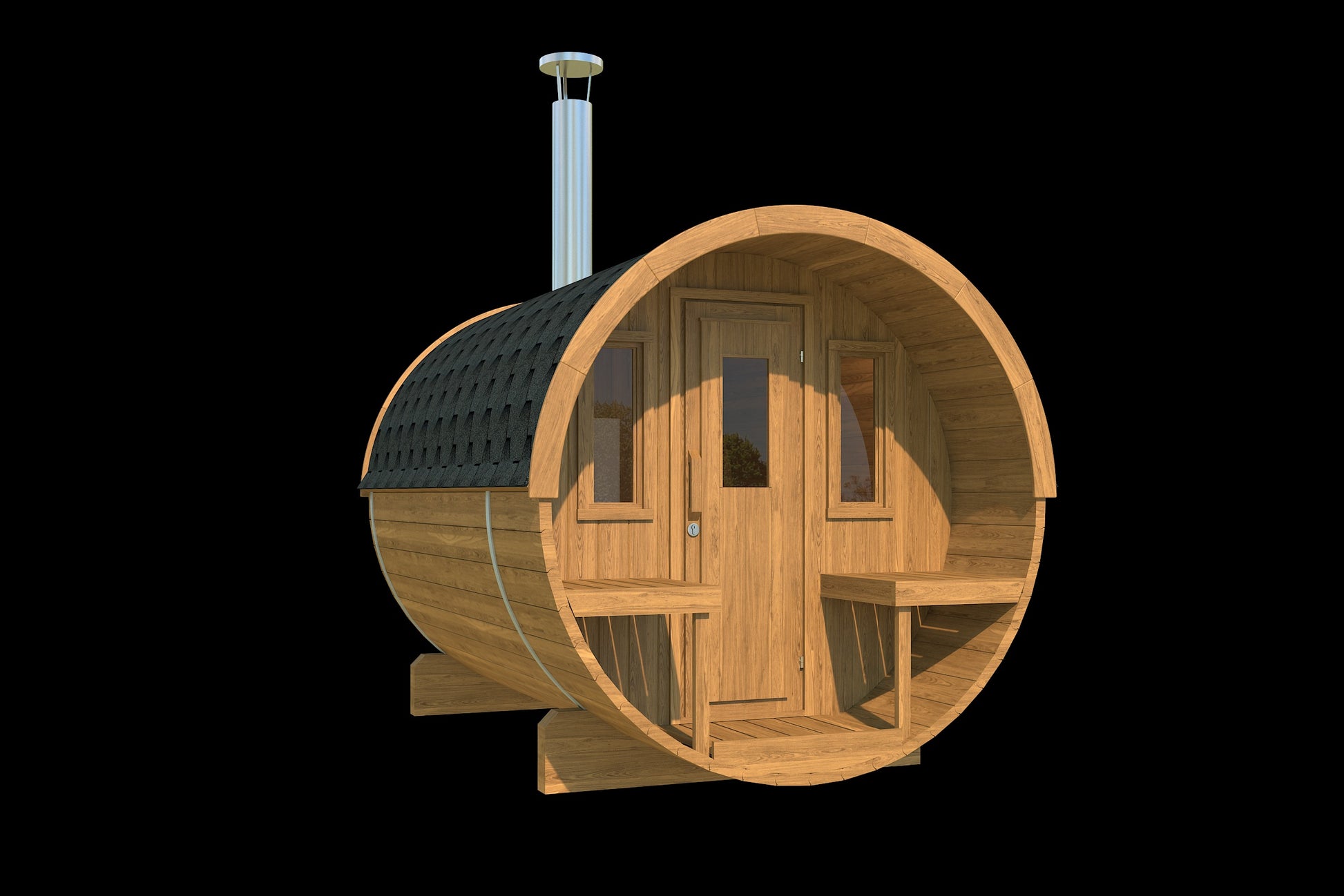Saaren 280 barrel sauna in thermowood, studio view