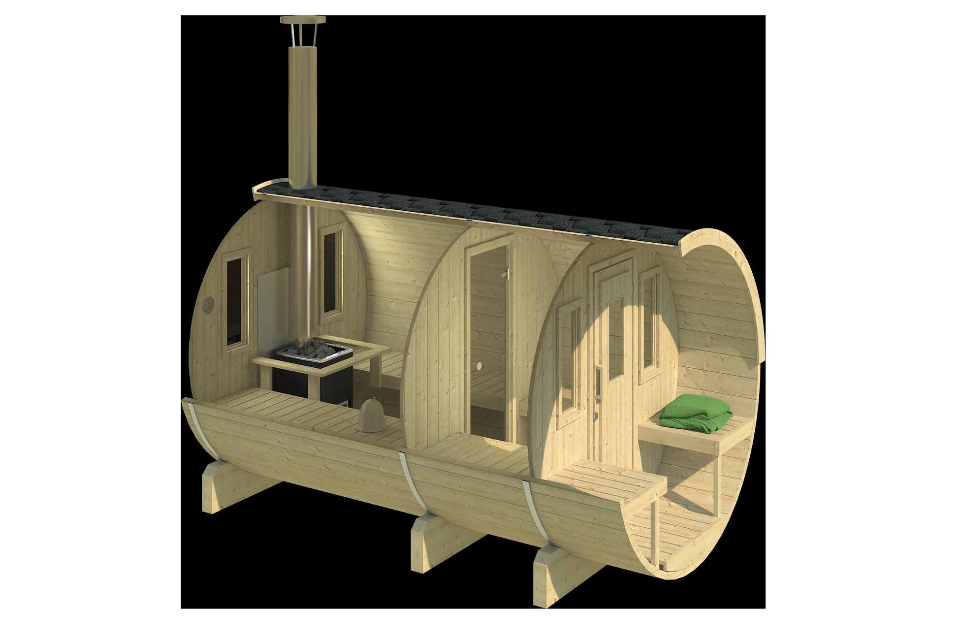 Saaren 330 cutaway showing the two-room layout: hot room with wood stove, glass door, changing room and terrace