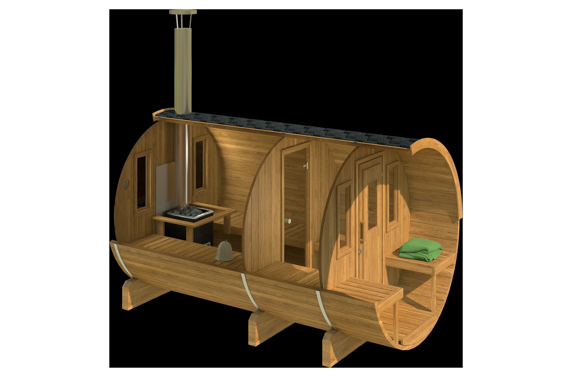 Saaren 330 cutaway in thermowood showing hot room, changing room and terrace