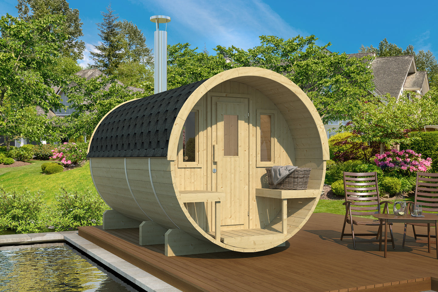 Steam & Oak Saaren 330 barrel sauna in Nordic spruce on a poolside deck, with covered terrace